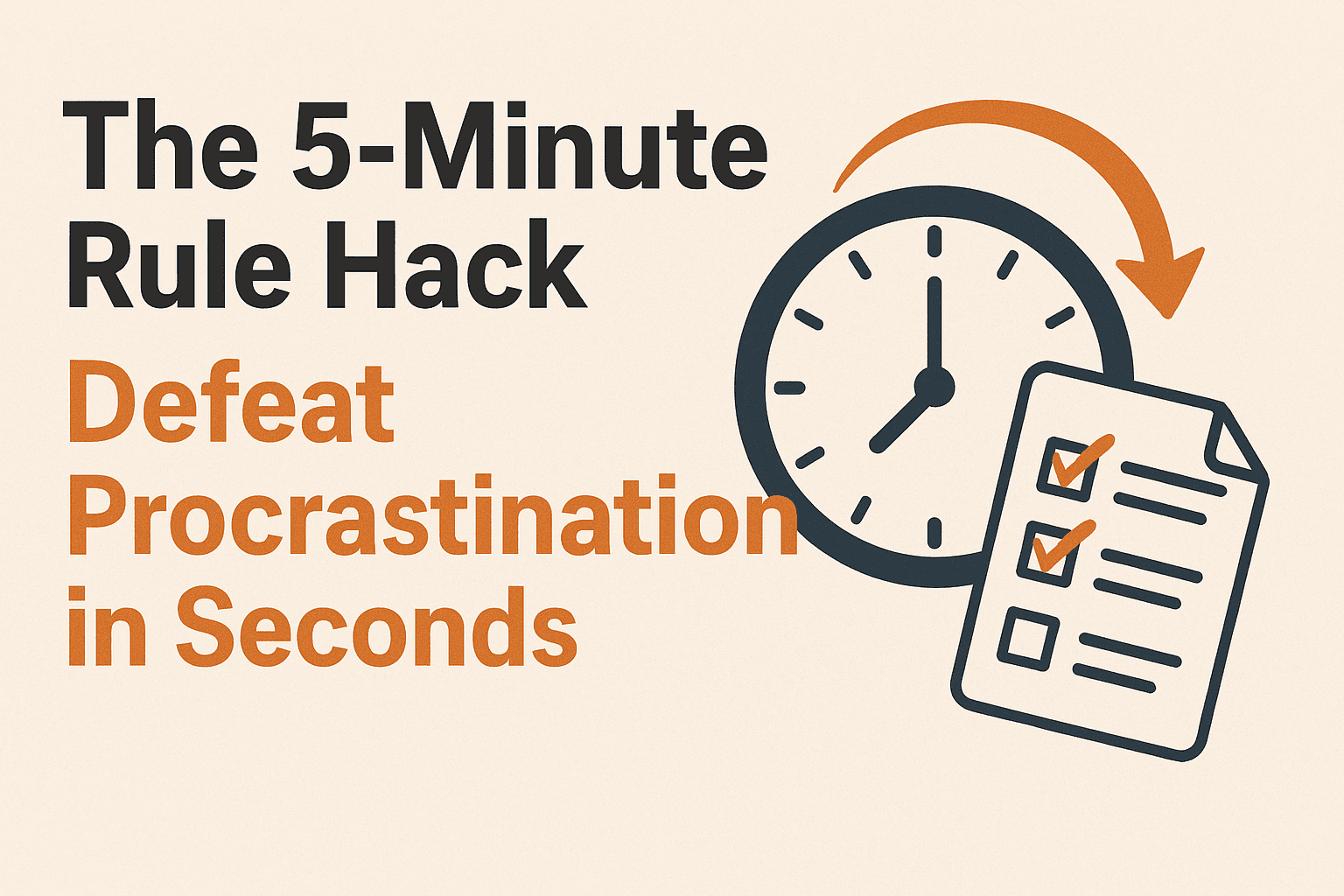 Horizontal graphic titled “The 5-Minute Rule Hack: Defeat Procrastination in Seconds.” On the left, bold black and orange text introduces the concept. On the right, a clock shows five minutes remaining, paired with a checklist featuring two orange checkmarks. A curved arrow connects the clock to the checklist, symbolizing momentum. The background is light beige with a subtle paper texture, evoking calm and clarity.