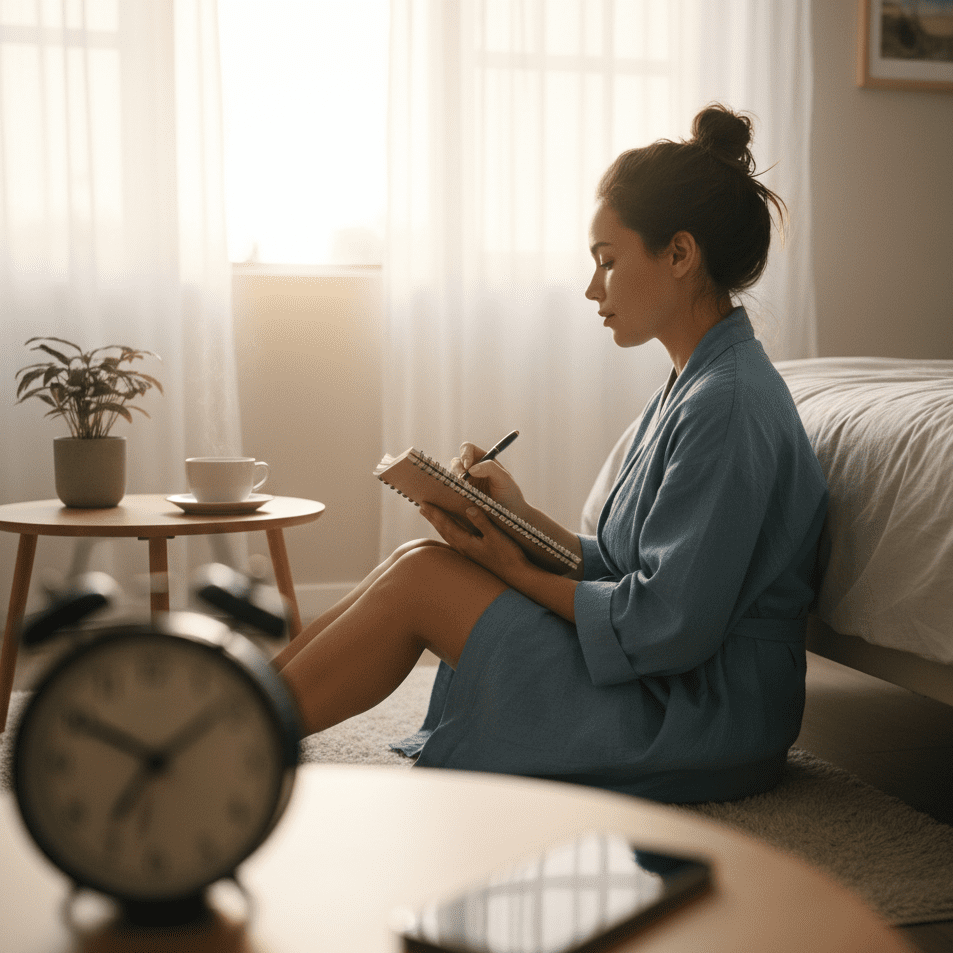 A soft morning scene from the Digital Detox Secrets series — a person in a blue robe journals beside a sunlit window, coffee and quiet intention replacing screen time. A blurred phone and alarm clock in the foreground hint at what’s been set aside.