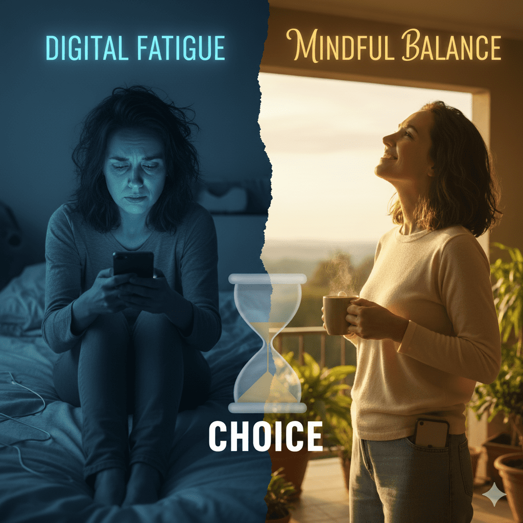 "A split image depicting 'Duality & Choice'. The left side shows a sad woman hunched over her phone in a dimly lit room, illuminated by harsh blue light from the screen, labeled 'DIGITAL FATIGUE'. The right side shows the same woman outside in bright morning sunlight, smiling with a cup of coffee, labeled 'MINDFUL BALANCE'. An hourglass with 'CHOICE' below it sits in the center, bridging the two scenes."