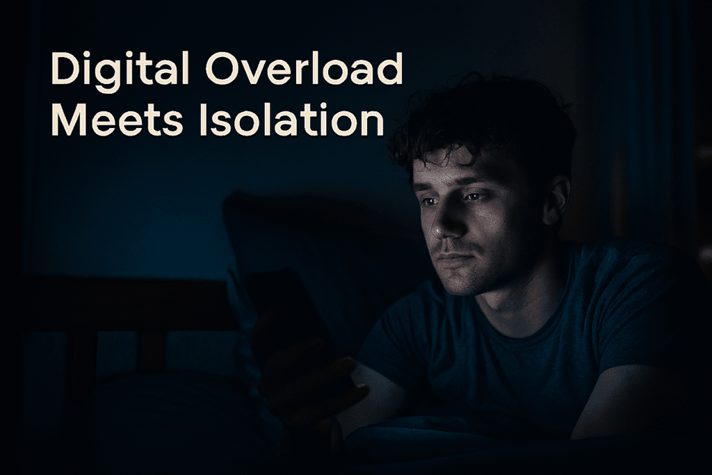 A young man lies in bed at night, face lit by the glow of his phone screen. His tired eyes and blank expression reflect the emotional toll of doomscrolling psychology—compulsive late-night scrolling driven by anxiety, fatigue, and digital overload.