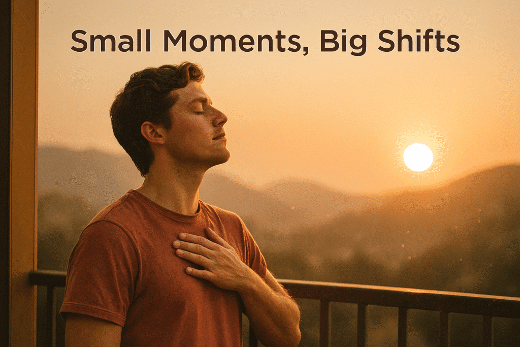A young man stands on a balcony at golden hour, eyes closed and hand over heart, practising micro mindfulness with a slow breath. Warm sunlight touches his face as distant hills blur into the horizon—an everyday pause that reflects the power of small moments and big shifts.