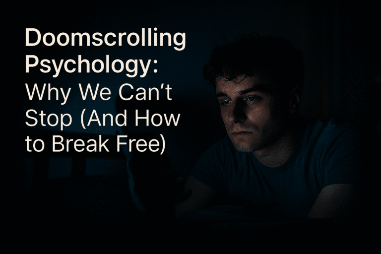 A young man lies in bed at night, face lit by the glow of his phone screen. His tired eyes and blank expression reflect the emotional toll of doomscrolling psychology—compulsive late-night scrolling driven by anxiety, fatigue, and digital overload. Overlaid text reads: “Doomscrolling Psychology: Why We Can’t Stop (And How to Break Free).”