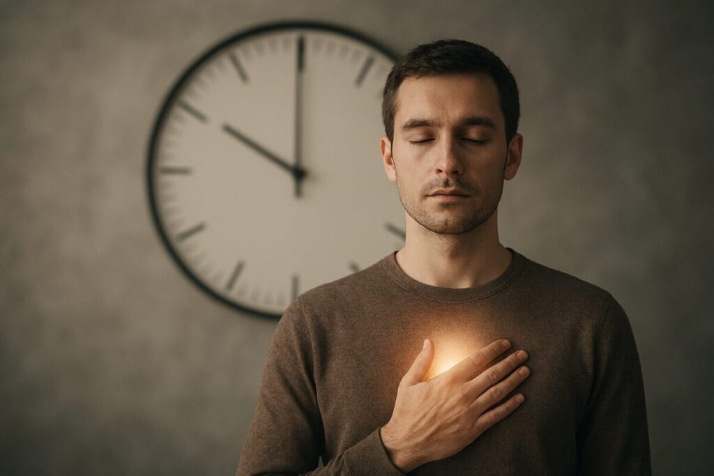 A calm person stands before a minimalist wall clock frozen at 60 seconds, hand pressed gently to their heart as a soft glow radiates outward—symbolizing clarity and self-trust. The blurred, noisy background contrasts with their stillness, visually answering how to stop overthinking decisions through embodied focus.
