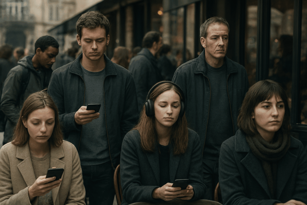 A muted city café scene showing seven individuals seated or standing close together, yet emotionally distant—each absorbed in their own world through phones, headphones, or vacant stares. Their expressions are neutral, highlighting the theme of *Feeling Lonely in a Crowd*. The colour palette is subdued, evoking quiet detachment amid urban togetherness.
