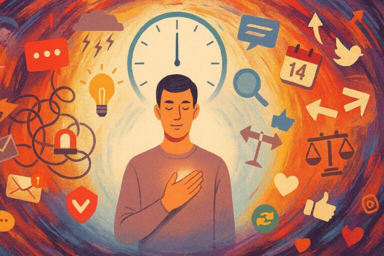 A person stands calmly in the center of a swirling storm of digital notifications and symbolic choices—chat bubbles, emails, social media, wardrobe, calendar—pressing one hand to their heart while gazing at a large clock showing 60 seconds. The outer chaos fades into a soft, clear space around them, visually answering how to stop overthinking decisions through emotional clarity and self-trust.