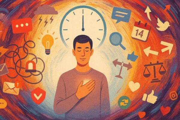 A person stands calmly in the center of a swirling storm of digital notifications and symbolic choices—chat bubbles, emails, social media, wardrobe, calendar—pressing one hand to their heart while gazing at a large clock showing 60 seconds. The outer chaos fades into a soft, clear space around them, visually answering how to stop overthinking decisions through emotional clarity and self-trust.