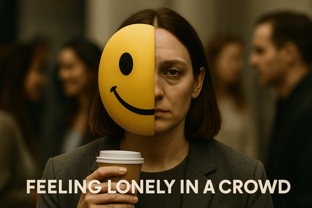 A woman stands in a crowd holding a coffee cup, her face divided in half — one side wearing a bright yellow smiley mask, the other showing a tired, sad expression. The background is softly blurred with people talking, symbolizing loneliness hidden behind a cheerful facade. The text at the bottom reads “Feeling Lonely in a Crowd.”
