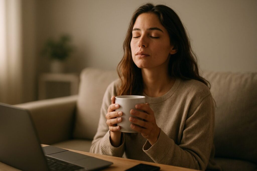 A young adult practices micro mindfulness at home, sitting on a beige couch in soft morning light, eyes closed, gently holding a warm mug. A laptop and phone rest blurred in the background, hinting at digital overwhelm. The mood is calm and tired-but-hopeful, with warm neutral tones and cinematic depth.