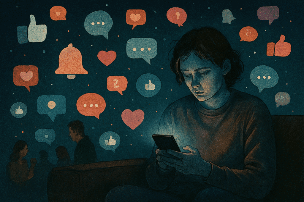  A horizontal digital collage-style image of a person sitting alone on a couch at night, their face softly illuminated by the glow of a smartphone. Around them, colorful floating icons—hearts, thumbs-up, chat bubbles—swirl in the dark, evoking a busy digital world. Despite the vibrant interface, the person’s expression is quiet and melancholic, capturing the emotional gap between virtual engagement and real connection.
