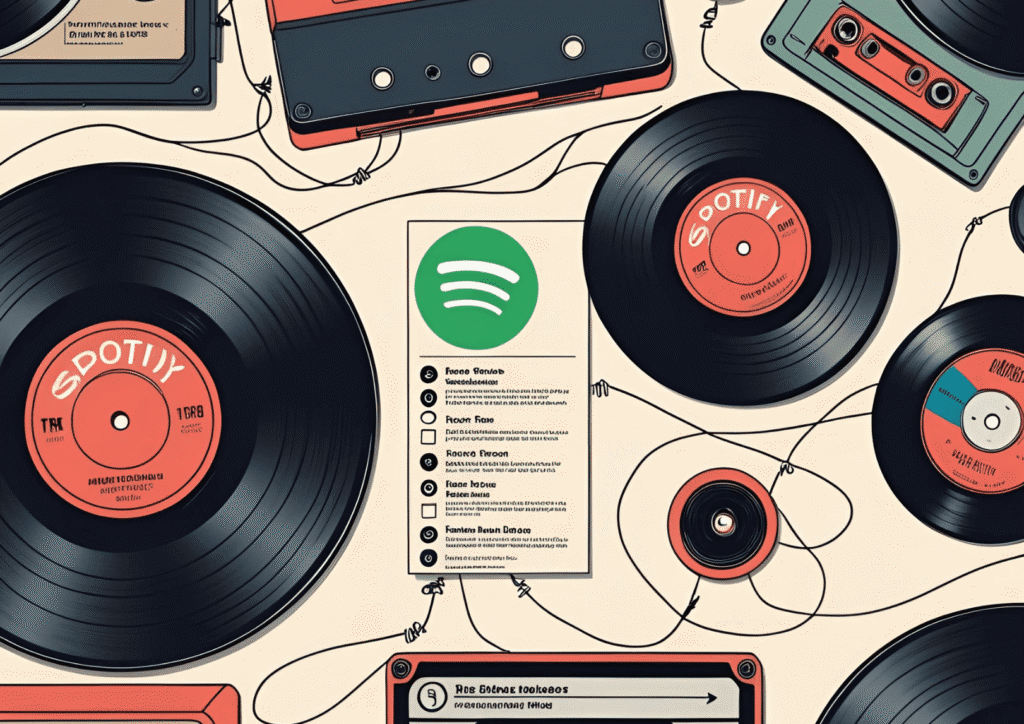 “Music as a Time Machine & Connection” A collage-style illustration: vinyl records, cassette tapes, the Spotify playlist interface, and glowing threads of sound stretching across diffrent devices — symbolising how music is my therapy and preserves memories and bridges distance.