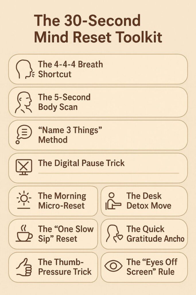 Horizontal infographic titled “The 30-Second Mind Reset Toolkit” featuring ten quick mental reset techniques, each paired with a simple icon. Methods include breathing, body scan, naming objects, digital pause, morning reset, desk movement, slow sipping, gratitude, thumb pressure, and screen break. Soft beige background with clean layout and warm-toned icons.