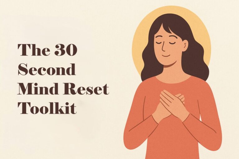 A horizontal infographic titled “The 30-Second Mind Reset Toolkit,” featuring an illustration of a calm woman with her hands on her chest, surrounded by soft beige and warm tones, promoting simple micro mindfulness techniques to reset the mind and energy.