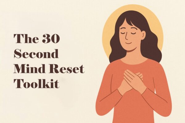A horizontal infographic titled “The 30-Second Mind Reset Toolkit,” featuring an illustration of a calm woman with her hands on her chest, surrounded by soft beige and warm tones, promoting simple micro mindfulness techniques to reset the mind and energy.