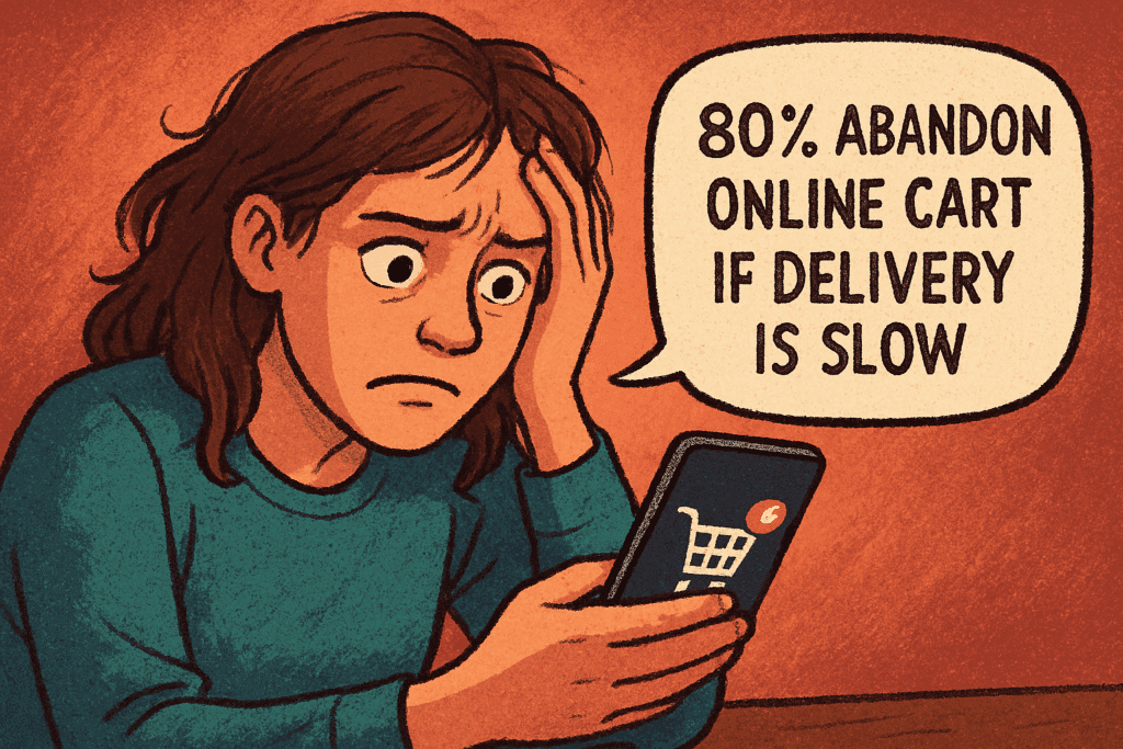 A young woman sits in a warm, textured room, her brow furrowed and hand pressed to her temple as she stares anxiously at a glowing smartphone. The screen shows an abandoned shopping cart with a red “X,” while a speech bubble beside her reads, “80% ABANDON ONLINE CART IF DELIVERY IS SLOW.” The digital art style evokes the tension of Instant Gratification Psychology —where the desire for immediate reward clashes with the frustration of delay.