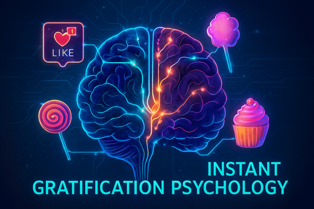 A glowing, stylized brain floats against a dark blue background, its neural pathways illuminated in electric blue and purple. Four neon icons—social media likes, cotton candy, a lollipop, and a cupcake—surround the brain, each connected by radiant lines to its dopamine reward system. The composition evokes *instant gratification psychology*, visually linking pleasure symbols to the brain’s glowing circuitry. Bold turquoise text at the bottom reads “INSTANT GRATIFICATION PSYCHOLOGY”, anchoring the futuristic medical illustration.
