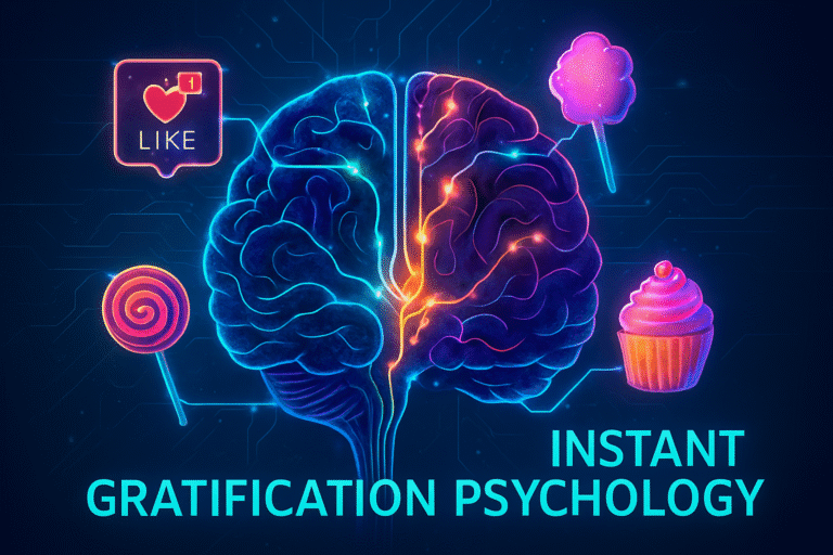 A glowing, stylized brain floats against a dark blue background, its neural pathways illuminated in electric blue and purple. Four neon icons—social media likes, cotton candy, a lollipop, and a cupcake—surround the brain, each connected by radiant lines to its dopamine reward system. The composition evokes *instant gratification psychology*, visually linking pleasure symbols to the brain’s glowing circuitry. Bold turquoise text at the bottom reads “INSTANT GRATIFICATION PSYCHOLOGY”, anchoring the futuristic medical illustration.