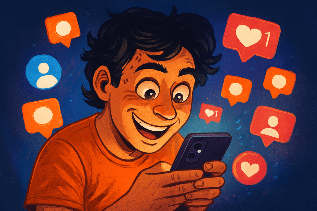 A young man in an orange shirt stares wide-eyed at his smartphone, smiling with flushed cheeks and beads of sweat on his forehead. His expression conveys craving and fixation. Around him float glowing social media icons—hearts, likes, and notifications—set against a deep blue background. The vibrant digital art captures the emotional pull of *instant gratification psychology*, illustrating the addictive feedback loop of scrolling and reward.
