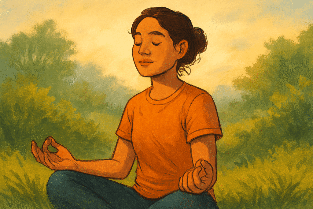 A young woman sits cross-legged on a grassy field, eyes closed and lips gently curved in a serene smile. Her hands rest on her knees in a classic meditation pose, palms up with fingers forming soft circles. She wears an orange T-shirt that glows warmly in the golden light of early evening. Behind her, soft-focus trees and a sunlit sky create a tranquil natural setting. The image evokes *instant gratification psychology* in contrast—portraying mindfulness as a quiet, grounded alternative to impulsive reward-seeking.
