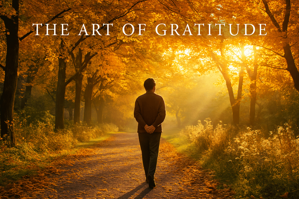 A scenic park path glows with early autumn light as golden and orange leaves blanket the trees. A person walks alone, hands clasped behind their back, head tilted to feel the breeze—embodying The Art of Gratitude. Sunbeams filter through branches, illuminating wildflowers along the quiet path, evoking reflection and presence.
Would you like a version that leans more poetic or metaphorical for your visual library?
