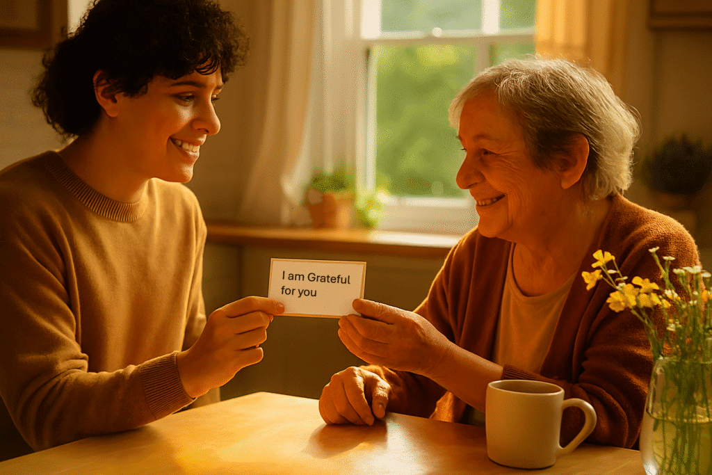 In a sunlit kitchen, two people sit at a wooden table, smiling warmly as one hands the other a handwritten card that reads “I’m grateful to you”—capturing The Art of Gratitude. A white mug and a vase of yellow wildflowers rest nearby, adding to the gentle atmosphere of appreciation and connection.
