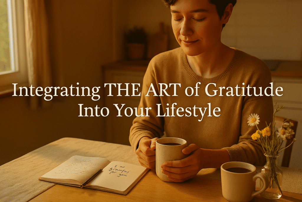 In a warmly lit, minimalist kitchen, a person sits quietly at a wooden table, cradling a steaming mug of coffee with relaxed hands—embodying The Art of Gratitude. Sunlight streams through the window, illuminating an open journal with a handwritten entry, a pen, and a small vase of wildflowers. Natural textures and muted tones evoke calm presence and micro-gratitude in motion.
