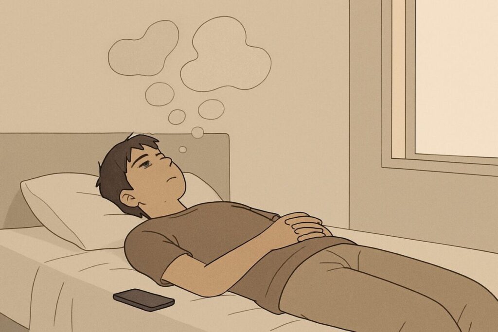 A horizontal minimalist illustration of a person lying on a bed staring at the ceiling, phone placed nearby but untouched, soft daylight entering through a window, subtle abstract thoughts floating above their head, calm but drained expression, muted neutral colors, clean modern style, emotional exhaustion without chaos, high clarity, no text, Pinterest-style composition showing mental exhaustion