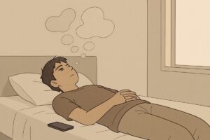 A horizontal minimalist illustration of a person lying on a bed staring at the ceiling, phone placed nearby but untouched, soft daylight entering through a window, subtle abstract thoughts floating above their head, calm but drained expression, muted neutral colors, clean modern style, emotional exhaustion without chaos, high clarity, no text, Pinterest-style composition showing mental exhaustion