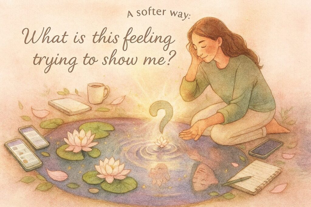  A woman kneels beside a twilight pond in soft blush and sage tones, cupping rippling water that forms question-mark waves transforming into blooming lotus flowers. Her serene reflection smiles back as golden sparkles dance on the surface. Nearby, a coffee mug, notebook, and phone dissolve into petals at the water’s edge—symbolizing daily distractions fading into emotional clarity. Above the pond, handwritten text reads: “A softer way: What is this feeling trying to show me?”
