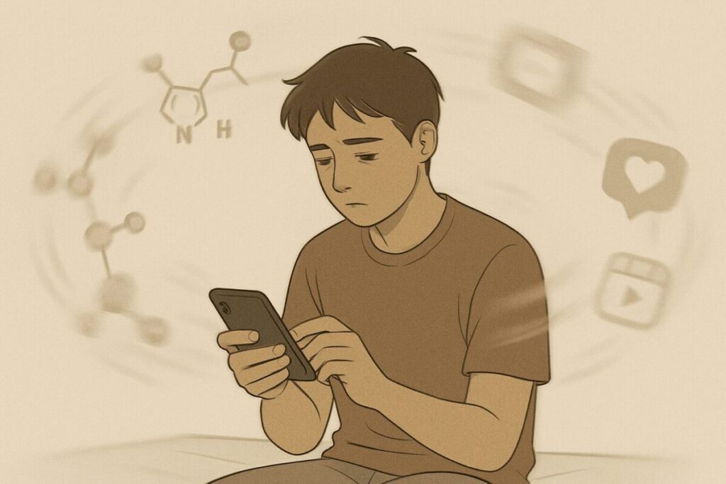 A young person sits hunched over, endlessly scrolling on their phone as soft, blurred symbols of dopamine, notifications, and reels loop around them in muted motion. Their expression is drained, eyes heavy with fatigue, surrounded by a clean, neutral-toned background. The minimalist composition evokes a quiet sense of mental exhaustion in the digital age—subtle, modern, and emotionally resonant.