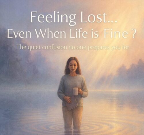A young woman stands alone on a glassy lake at golden hour, holding a coffee mug and planner, her neutral-toned figure calm and composed. Below her, the water reflects a vibrant inner world—blooming lotus flowers, floating lanterns, and soft question marks rising from the ripples. Gentle god rays pierce the misty pastel sky, casting cinematic light across the scene. Bold white text above reads: “Feeling Lost... Even When Life is Fine?” with a soft subtitle: “The quiet confusion no one prepares you for.”