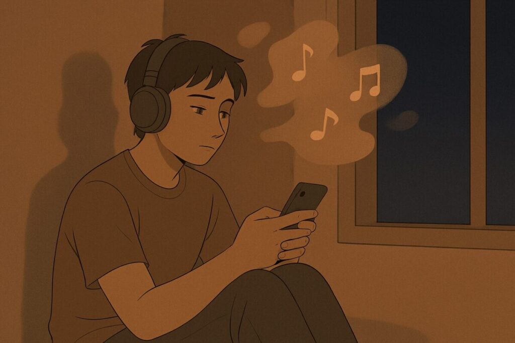 A person sits quietly near a window at night, headphones on, immersed in music as soft notes dissolve into abstract emotional shapes above their head. Warm interior lighting and calm shadows frame their introspective posture. The minimalist composition evokes a sense of mental exhaustion gently soothed by emotional relief—modern, serene, and quietly expressive.