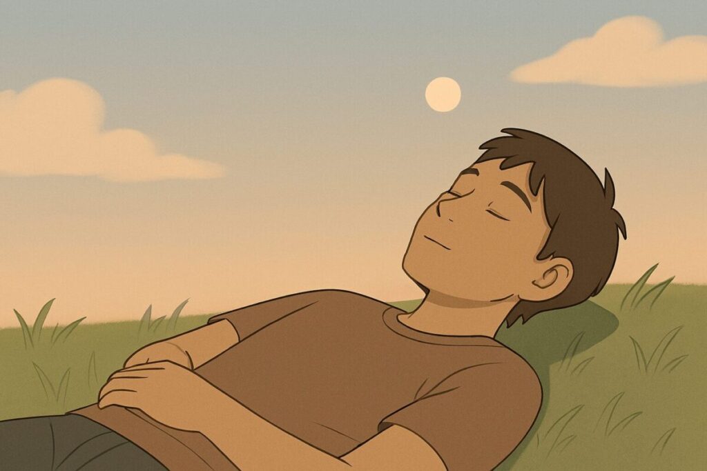 A person lies peacefully on soft grass under a pastel sky, eyes closed, bathed in gentle sunlight. No phone or distractions—just quiet clarity. The minimalist composition and warm tones evoke a moment of emotional relief from mental exhaustion, embracing stillness and slow-living in a modern, balanced aesthetic.