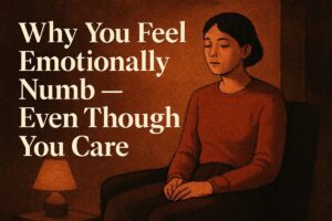 A horizontal editorial illustration with rich warm tones and deep contrast, showing a person sitting calmly in a dimly lit room, strong shadows and soft highlights, expressive but neutral face, eyes open yet distant, emotional numbness conveyed through posture and stillness. Background simple but textured, not flat. Add bold, clear title text: “Why You Feel Emotionally Numb — Even Though You Care”. Modern serif or clean bold sans-serif font, high contrast text, Pinterest-style layout, emotionally powerful but not dramatic.
