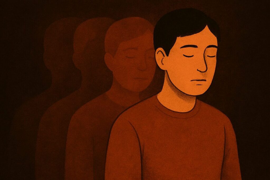 A horizontal conceptual illustration with layered tones and depth, showing a person with multiple faint outlines behind them fading outward, symbolizing emotional overload leading to shutdown, richer contrast, warm-dark palette, simple background, modern psychological editorial style, emotionally serious but not heavy, high clarity.