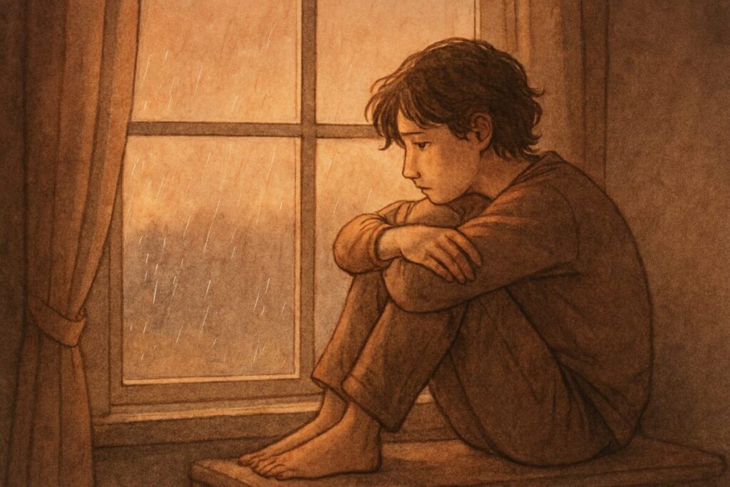 solitary figure sits by a rain-speckled window at dusk, hugging their knees, lost in thought. Warm muted tones and soft lighting reflect emotional distance and quiet longing — a visual metaphor for feeling unheard in a relationship.