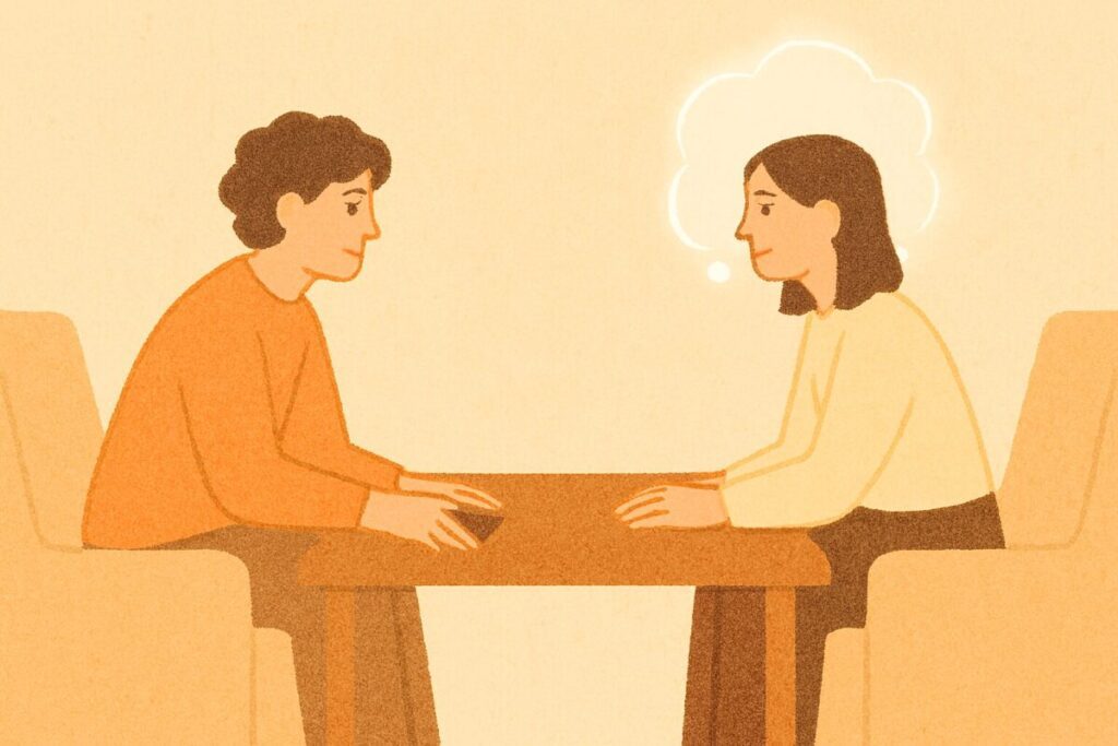Here’s a warm, Pinterest-style alt text for your minimalist illustration:
"Two people sit across a coffee table in a cozy setting, hands gently resting, one surrounded by a soft glow and thought bubble — symbolizing emotional clarity and open communication in a calm relationship moment.
