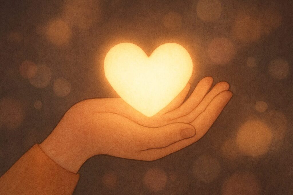 Close-up of a hand gently holding a glowing heart-shaped light against a soft bokeh background — symbolizing emotional care, self-love, and inner warmth in a dreamy, inspirational setting.