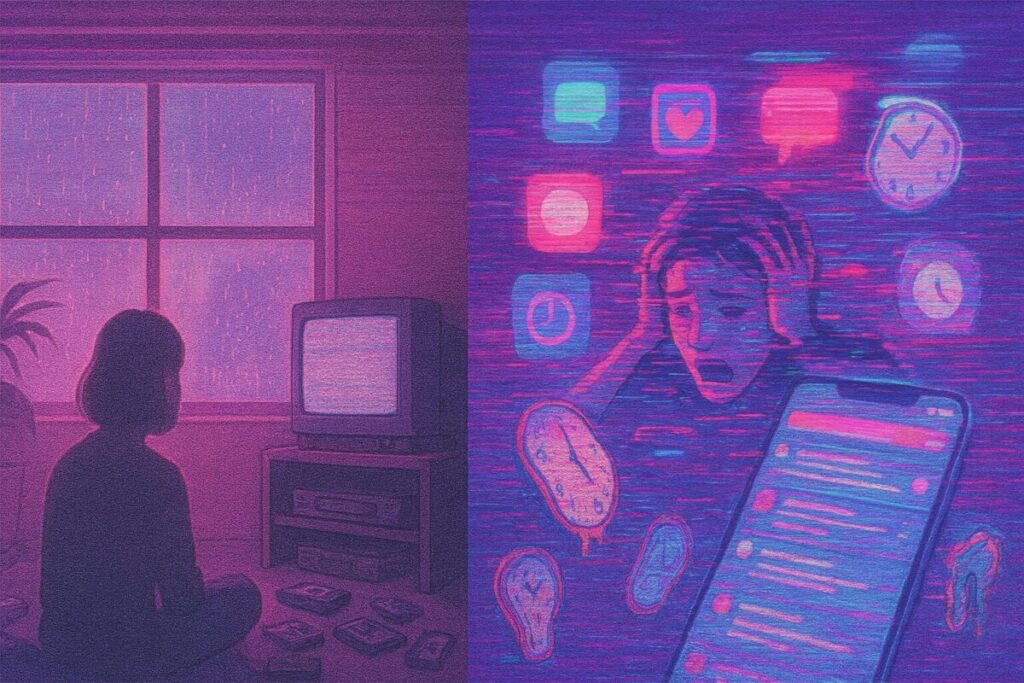 plit-scene vaporwave artwork in soft pinks, purples, and blues; left side shows a cozy 90s room with a rainy window, CRT TV, and a calm silhouette waiting dreamily—symbolizing slow, mindful presence. Right side erupts in glitchy smartphone notifications, neon app icons, and a fragmented figure in panic, overwhelmed by instant gratification and digital overload. VHS static overlay connects both halves, evoking shrinking attention and emotional contrast.