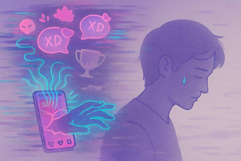 Ethereal vaporwave illustration in muted lavenders and grays with neon accents shows a numb silhouette overwhelmed by overstimulation—laugh bubbles popping instantly, fading success trophies, and restless mind waves radiating from glitchy screens. Blurred chaos surrounds the figure, giving way to calm empty space craving slowness. Subtle glitch tears and fog evoke emotional burnout and the haunting cost of instant gratification