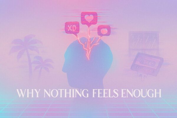 Clean vaporwave illustration in pastel fog shows a central glowing brain silhouette cracking open, releasing chaotic bursts of notification icons—hearts, likes, messages—into glitchy space. On one side, overstimulation radiates from the smartphone screen; on the other, fading nostalgic symbols like a melting cassette tape and rainy window evoke lost slow joy. A neon grid base and minimalist retro text “Why Nothing Feels Enough” underscore the emotional contrast between instant gratification and depth