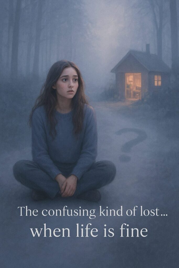 A young woman sits cross-legged on a foggy forest path at dawn, her expression calm yet subtly confused. Her shadow ahead morphs into a faint question mark, symbolizing feeling lost even when life is fine. Behind her, a cozy cabin glows warmly, hinting at stability and routine. Soft pastel tones and cinematic fog evoke quiet introspection.
