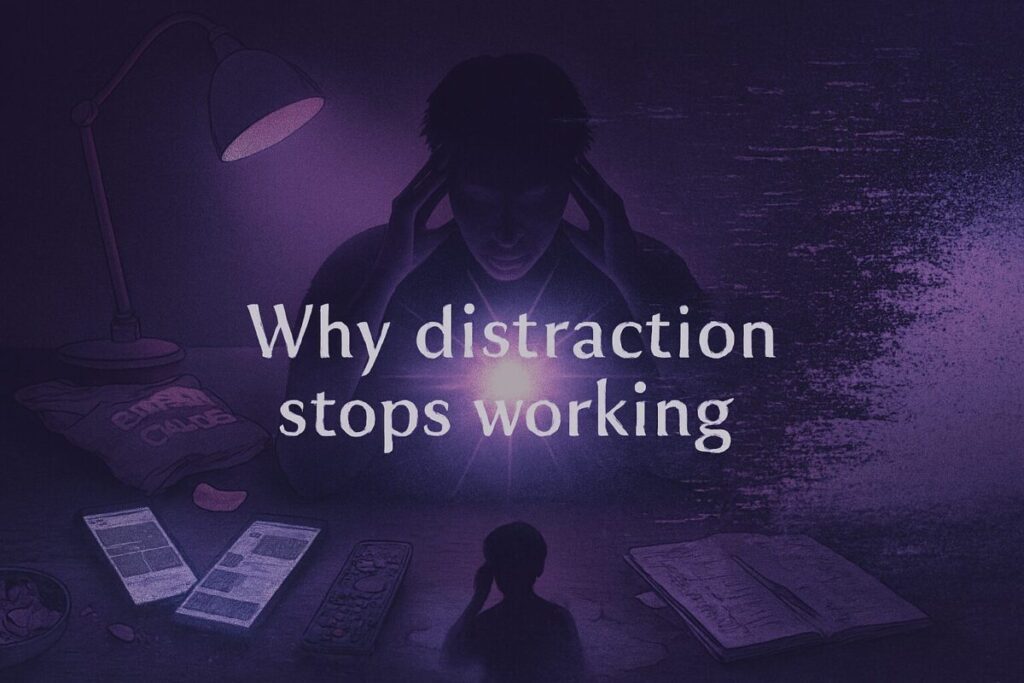 A silhouetted person sits at a cluttered desk bathed in cool purples and glitchy neon light, hands on temples and eyes closed in quiet realization. Scattered phones, snacks, remotes, and planner pages blur into chaotic static fading into darkness. A soft inner glow radiates from their chest, piercing the digital noise. Bold text across the light reads: “Why distraction stops working,” capturing the emotional moment when escapism fails and clarity begins.